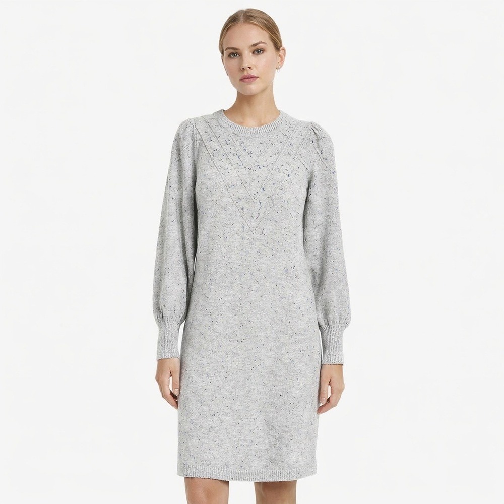 TALBOTS Speckled Knit Puff Sleeve Sweater Dress Gray NEW L‎